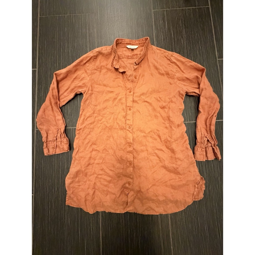 Garnet Hill Shirt Button Up Tunic Blouse Sz L 100% Linen European Flax Orange